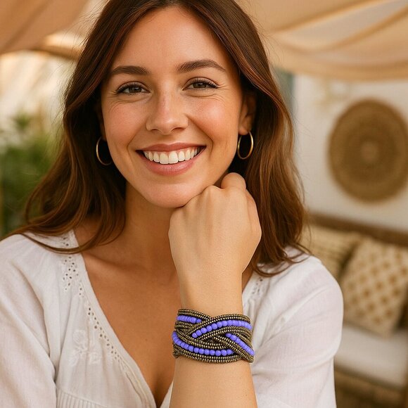 π Indian Artisanal Boho Beaded Cuff Bracelet | Adjustable Bold Statement Piece - Picture 7 of 13